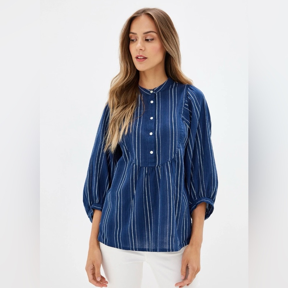 GAP Navy Vertical-Stripe Cotton Button-Front Peasant Blouse
